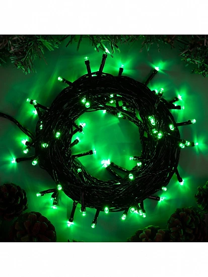 Гирлянда «Нить» 10 м, IP20, тёмная нить, 100 LED, 8 режимов, 220 В, свечение зелёное