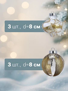 Ёлочные шары новогодние «Мелвин», набор 6 шт., d=8 см, прозрачный/бело-золотой