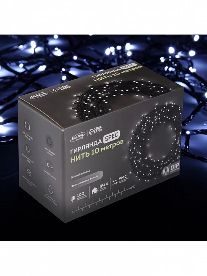 Гирлянда «Нить» 10 м, IP44, УМС, тёмная нить, 100 LED, свечение белое, 220 В