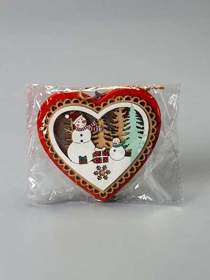 Ёлочная игрушка «Красное сердце со снеговиком», 11.5×10.5×1.5 см, от батареек, свечение тёплое белое