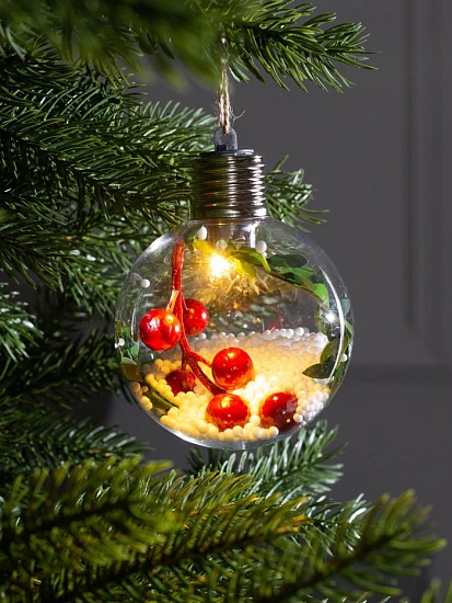 Ёлочный шар «Ягоды», 1 LED, от батареек, свечение тёплое белое