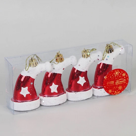Ёлочные игрушки 4 шт. «Колпак новогодний», 4×7.5 см, красно-белый