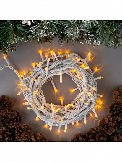 Гирлянда «Нить» 10 м, IP44, УМС, белая нить, 100 LED, свечение жёлтое, 220 В