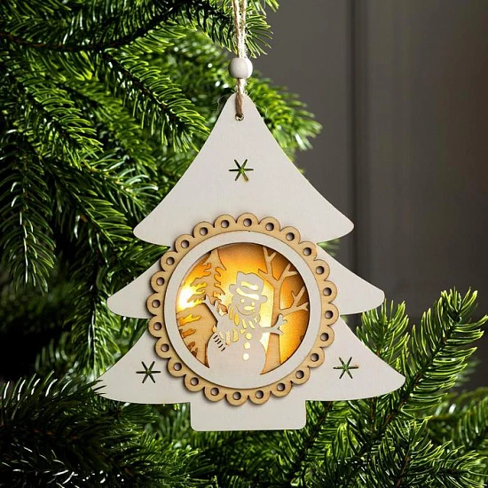 Ёлочная игрушка «Ёлочка со снеговиком», 15×14×2 см, 3 LED, от батареек, свечение тёплое белое