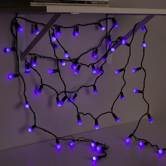 Гирлянда «Нить» 20 м с насадками «Шарики 1.5 см», IP44, тёмная нить, 200 LED, свечение фиолетовое, 8 режимов, 220 В