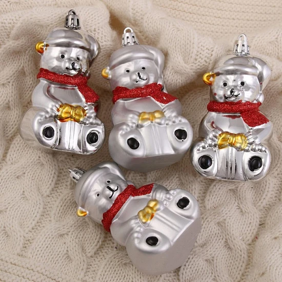 Ёлочная игрушка 4 шт. «Мишка в шарфике» 5.5×8 см, серебро