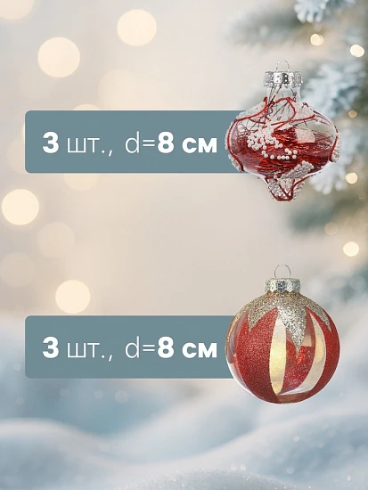Ёлочные шары новогодние «Мелвин», набор 6 шт., d=8 см, прозрачный/красно-белый