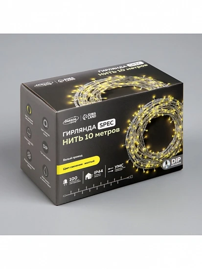 Гирлянда «Нить» 10 м, IP44, УМС, белая нить, 100 LED, свечение жёлтое, 220 В