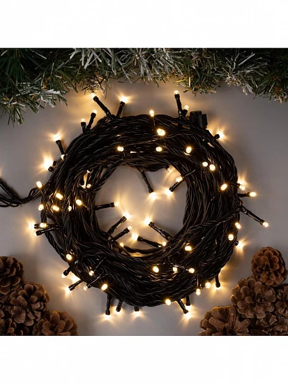 Гирлянда «Нить» 10 м, IP44, УМС, тёмная нить, 100 LED, свечение тёплое белое, 220 В