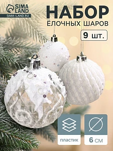 Ёлочные игрушки «Снежная изморозь», шары пластиковые, d=6 см, набор 9 шт., белый