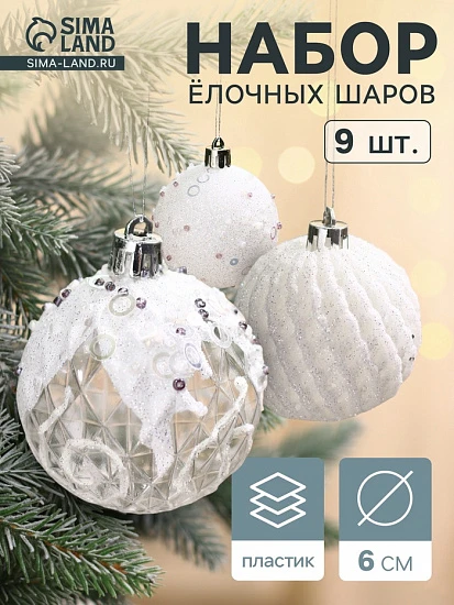 Ёлочные игрушки «Снежная изморозь», шары пластиковые, d=6 см, набор 9 шт., белый