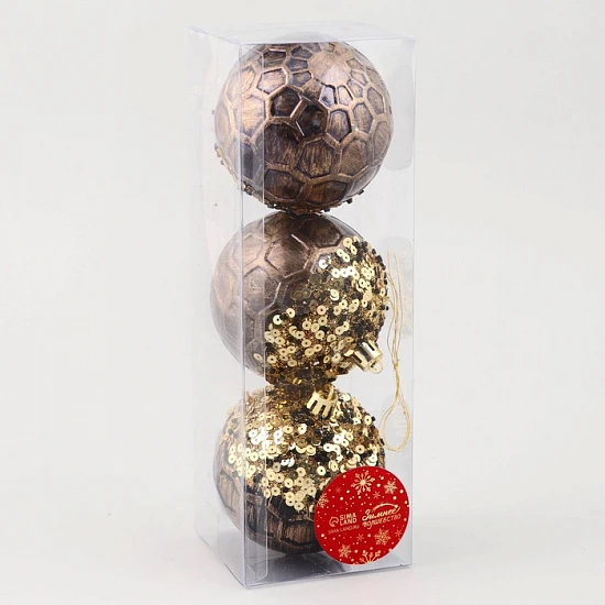 Ёлочные игрушки «Сказочные узоры» снежинки, шары новогодние, d=8 см, набор 3 шт., золотисто-коричневый