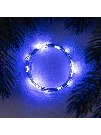 Гирлянда «Нить» 2 м роса. IP20, нить серебристая, 20 LED, 4.6 В, AG13×3 (в комплекте), 3 режима, свечение синее