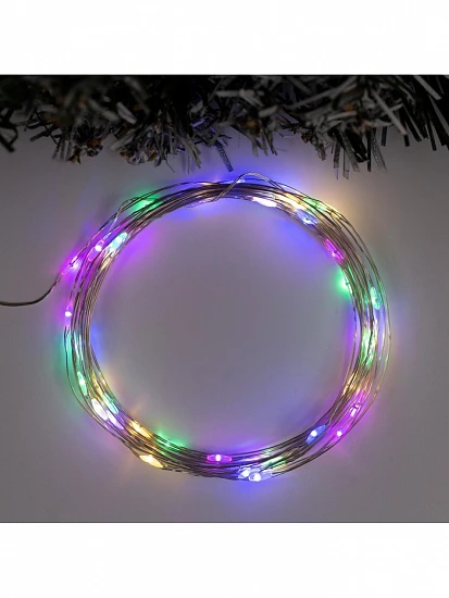 Гирлянда «Нить» 5 м роса, IP65, серебристая нить, 50 LED, 8 режимов, батарейки AAх3 (нет в комплекте), свечение мульти