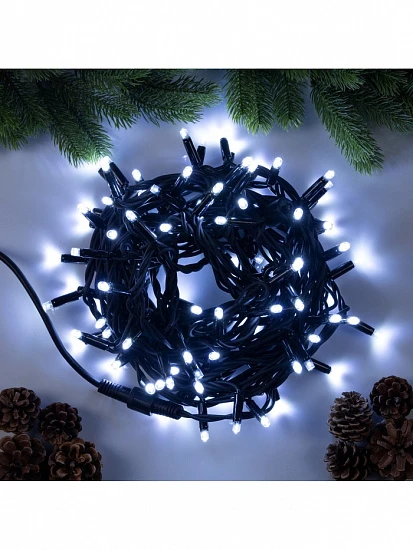 Гирлянда «Нить» 10 м, IP65, УМС, тёмная каучуковая нить, 100 LED, свечение белое, 220 В