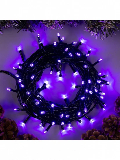 Гирлянда «Нить» 10 м, IP20, тёмная нить, 100 LED, 8 режимов, 220 В, свечение фиолетовое