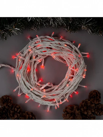 Гирлянда «Нить» 10 м, IP44, УМС, белая нить, 100 LED, свечение красное, 220 В