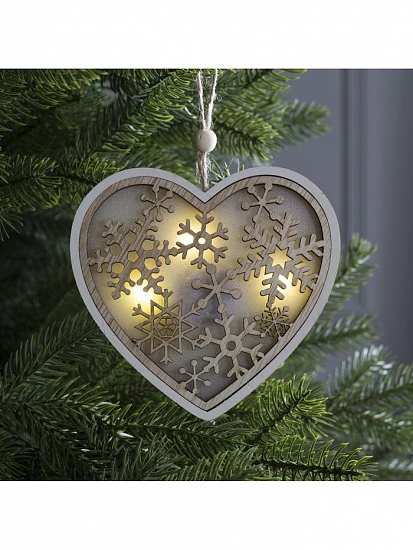 Ёлочная игрушка «Сердце в снежинках», 13×13×1 см, 3 LED, от батареек, свечение тёплое белое