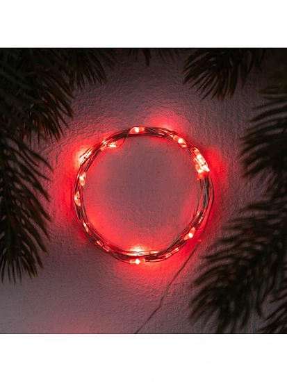 Гирлянда «Нить» 2 м роса. IP20, нить серебристая, 20 LED, 4.6 В, AG13×3 (в комплекте), 3 режима, свечение красное