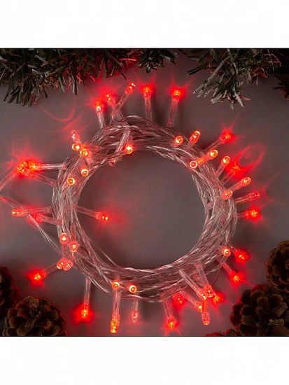 Гирлянда «Нить» 5 м, IP20, прозрачная нить, 50 LED, 8 режимов, 220 В, свечение красное