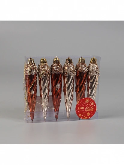 Ёлочные игрушки набор 6 шт. «Сосулька верхушка блеск», 13×3 см, золото/коричневый