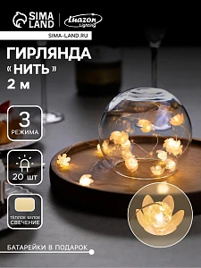 Гирлянда «Нить» 2 м роса с насадками «Цветы», IP20, нить серебристая, 20 LED, 4.6 В, батарейки AG13×3 (в комплекте), 3 режима, свечение тёплое белое