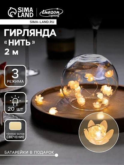Гирлянда «Нить» 2 м роса с насадками «Цветы», IP20, нить серебристая, 20 LED, 4.6 В, батарейки AG13×3 (в комплекте), 3 режима, свечение тёплое белое