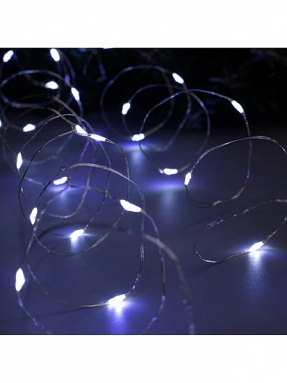 Гирлянда «Нить» 5 м роса, IP20, серебристая нить, 50 LED, 2 режима, батарейки AAх3 (не в комплекте), свечение белое