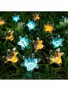 Гирлянда «Нить», 4.5 м, уличная, с насадками «Цветок», IP44, 30 LED, 2 режима, солнечная батарея, тёмная нить, свечение жёлтое/аквамарин