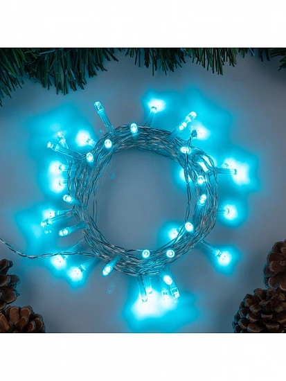 Гирлянда «Нить» 4 м, IP20, прозрачная нить, 40 LED, 2 режима, батарейки AAх3 (нет в комплекте), свечение аквамарин