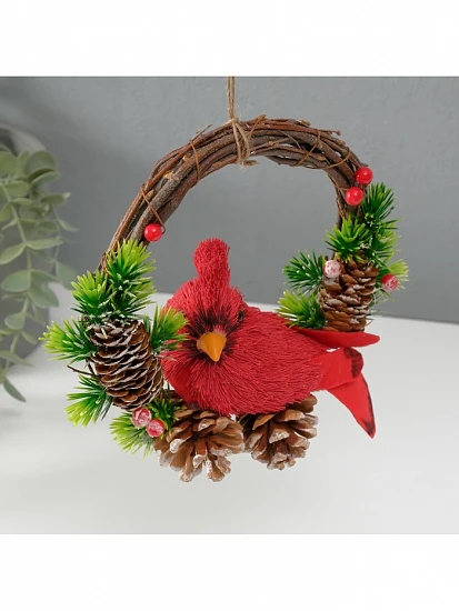 Фигурка подвеска «Красная птичка на венке с шишками», 7.5×20×20.5 см