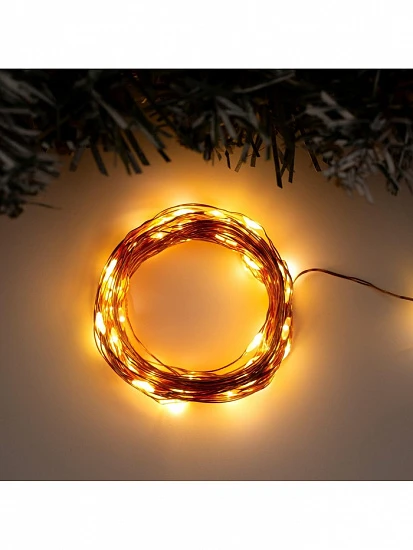 Гирлянда «Нить» 10 м роса, IP20, медная нить, 100 LED, свечение тёплое белое, 12 В