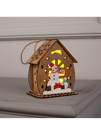 Ёлочная игрушка «Домик со снеговиками», 11×6×9 см, от батареек, свечение тёплое белое