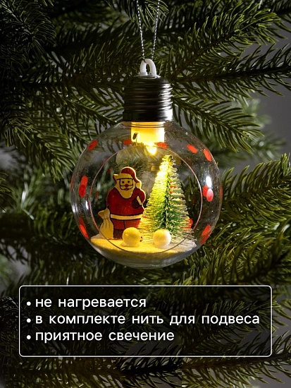 Ёлочный шар «Дед Мороз», d=8 см, 1 LED, от батареек, свечение тёплое белое
