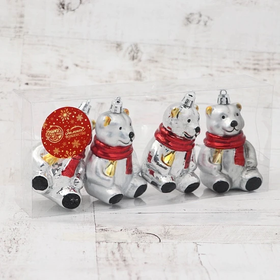 Ёлочная игрушка 4 шт. «Мишка в шарфике» 5.5×8 см, серебро
