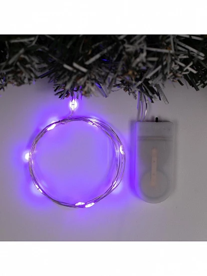 Гирлянда «Нить» 1 м роса, IP20, серебристая нить, 10 LED, батарейки CR2032×2 (в комплекте), свечение фиолетовое