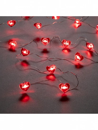 Гирлянда «Нить» 2 м роса с насадками «Сердце», IP20, серебристая нить, 20 LED, свечение красное, 2 режима, ААх2