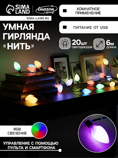 Умная гирлянда «Нить» 6 м с насадками «Шишки матовые», IP20, тёмная нить, 20 LED, свечение RGB, USB