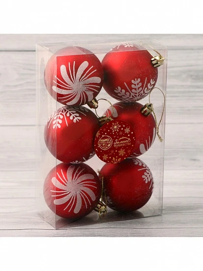 Ёлочные игрушки «Снежинки ассорти», шары новогодние, d=6 см, набор 6 шт., красный