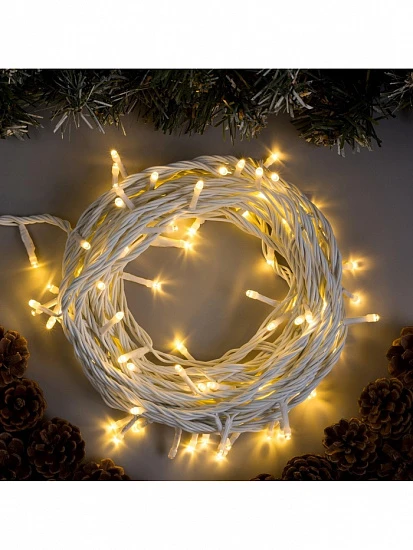 Гирлянда «Нить» 10 м, IP44, УМС, белая нить, 100 LED, свечение тёплое белое, 220 В