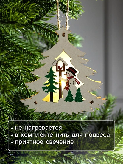 Ёлочная игрушка «Ёлочка со снеговиком», 12×11×2 см, от батареек, свечение тёплое белое