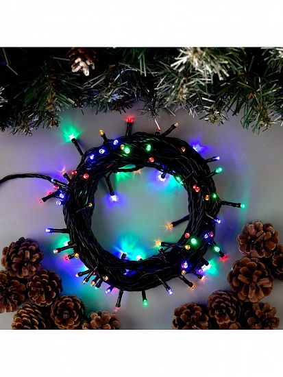 Гирлянда «Нить» 10 м, IP44, тёмная нить, 100 LED, свечение мульти, 8 режимов, 220 В