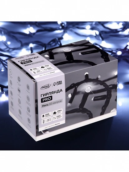 Гирлянда «Нить» 10 м, IP65, УМС, тёмная каучуковая нить, 100 LED, свечение белое, мерцание, 220 В