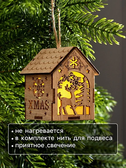 Ёлочная игрушка «Домик с оленем», 8×6.5×6 см, от батареек, свечение тёплое белое