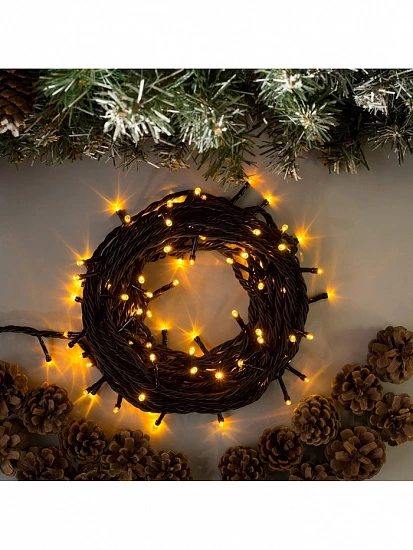 Гирлянда «Нить» 10 м, IP44, УМС, тёмная нить, 100 LED, свечение жёлтое, 220 В