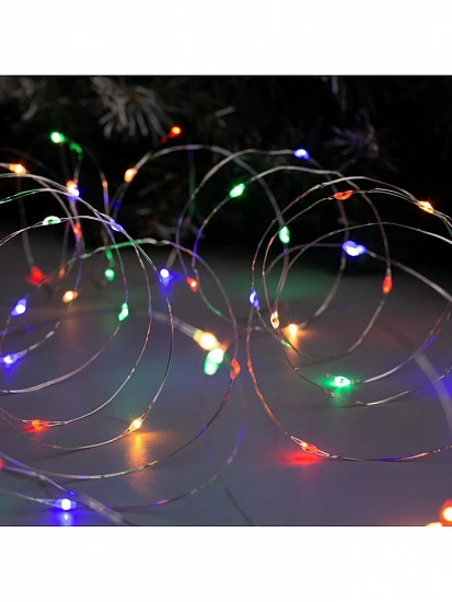Гирлянда «Нить» 5 м роса, IP20, серебристая нить, 50 LED, 2 режима, батарейки AAх3 (нет в комплекте), свечение тёплое белое / мульти