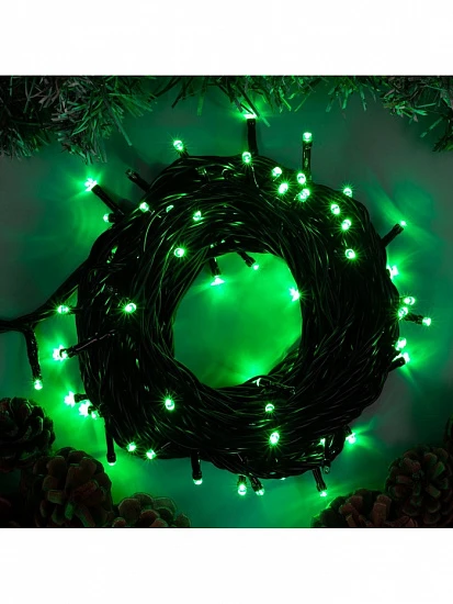 Гирлянда «Нить» 10 м, IP44, УМС, тёмная нить, 100 LED, свечение зелёное, 220 В