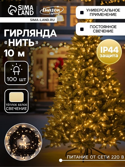Гирлянда «Нить» 10 м, IP44, УМС, тёмная нить, 100 LED, свечение тёплое белое, 220 В