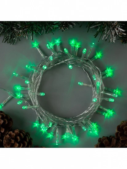 Гирлянда «Нить» 5 м, IP20, прозрачная нить, 50 LED, 8 режимов, 220 В, свечение зелёное