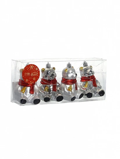 Ёлочная игрушка 4 шт. «Мишка в шарфике» 5.5×8 см, серебро